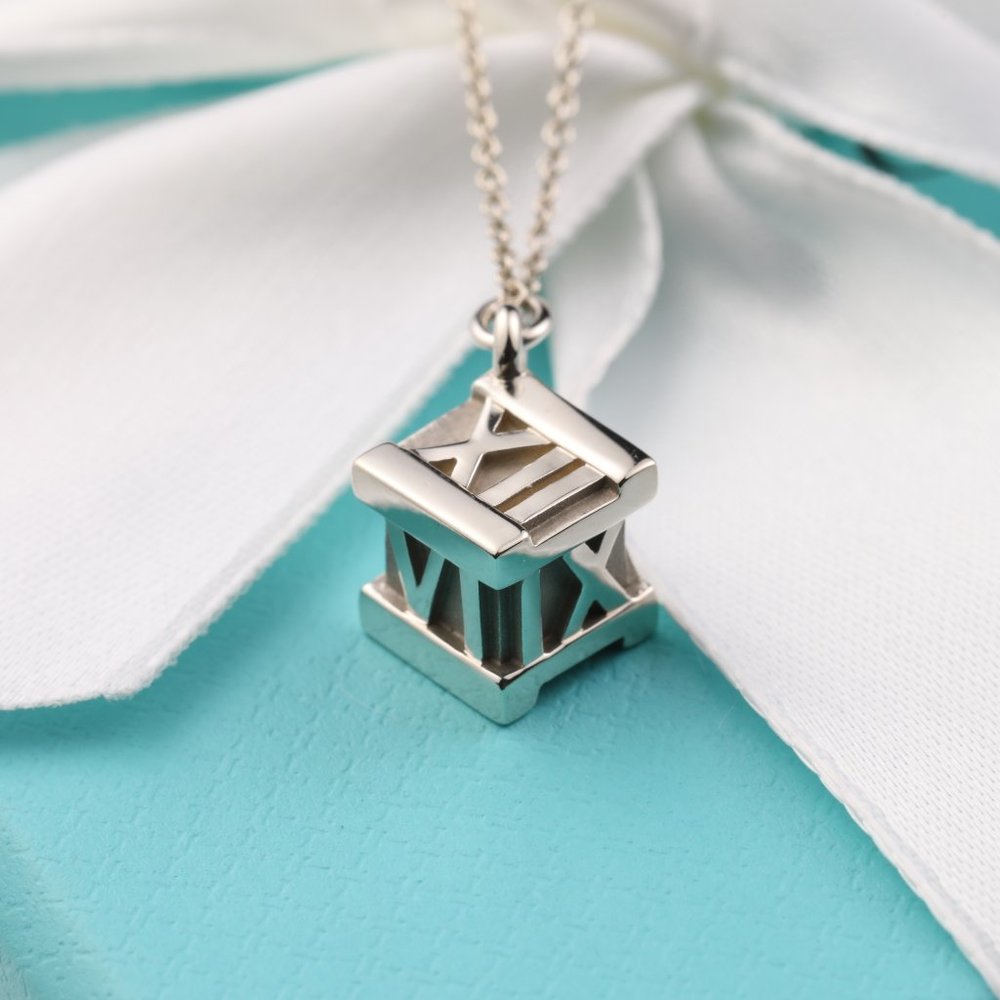 Tiffany & Co. Atlas Cube Roman Numerals Pendant Necklace in Sterling Silver